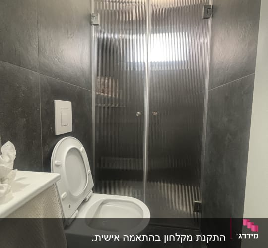 תא מקלחת עם דלת זכוכית ושירותים
